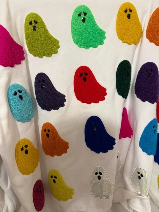 QUEEN OF SPARKLES White Crewneck Sweatshirt with Multicolor Ghost  size XL - Picture 2 of 5